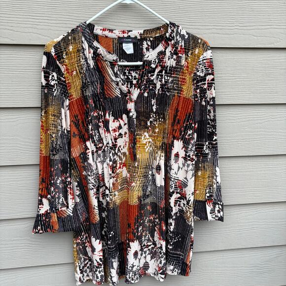 Cocomo Orange Black Abstract Print Pleated Tunic Blouse Womens Small - Picture 2 of 4